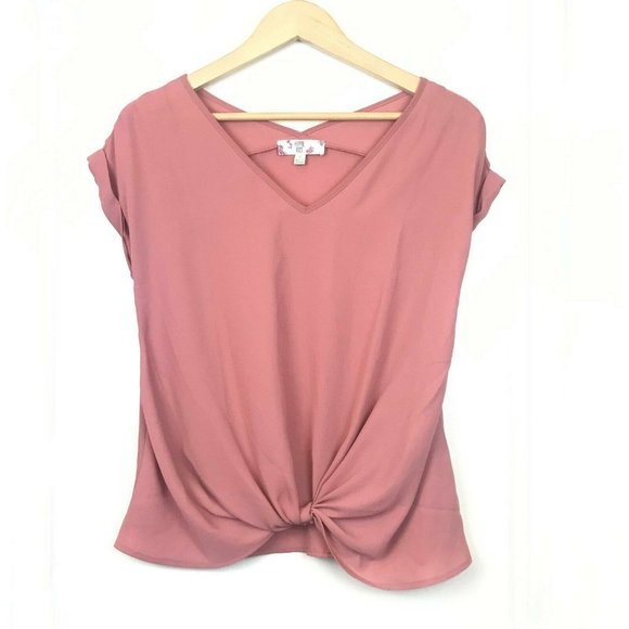 Hippie Rose Womens Pink V-neck Pullover Waist Knot Sheer Blouse Cap Sleeve Sz S
